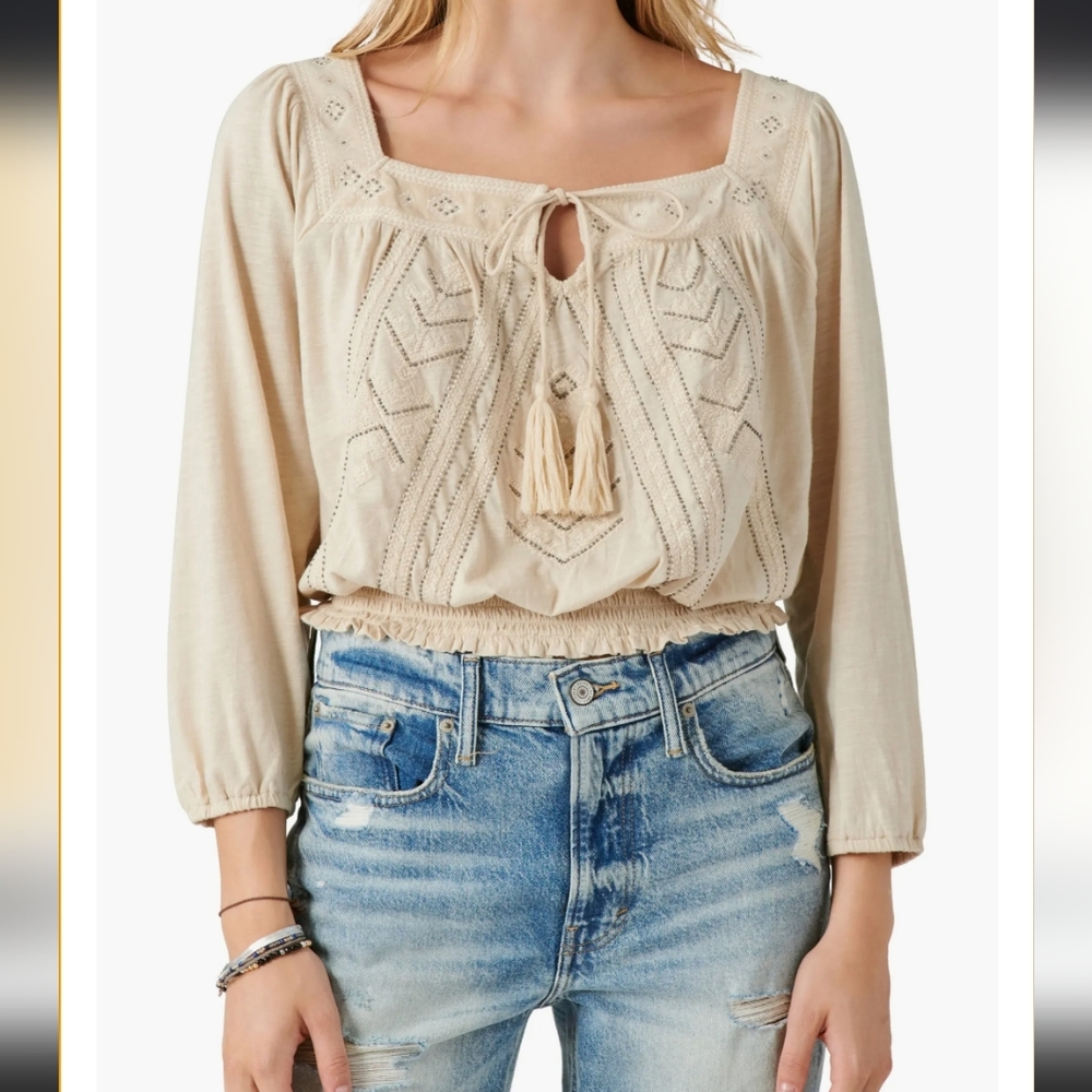 Lucky Brand Beige Blouse with Embroidery